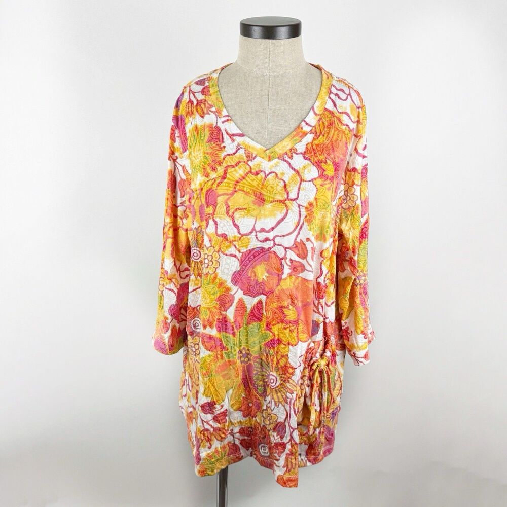 Ali Miles Tunic Blouse Women's Orange Pink Floral 3/4 Sleeve Pocket Top